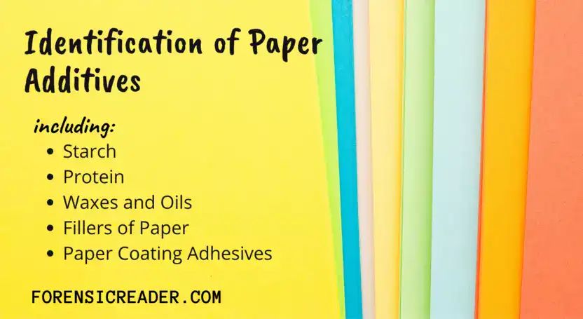 Forensic Identification of Paper Additives Fillers, Oil, Waxes, and Pigment