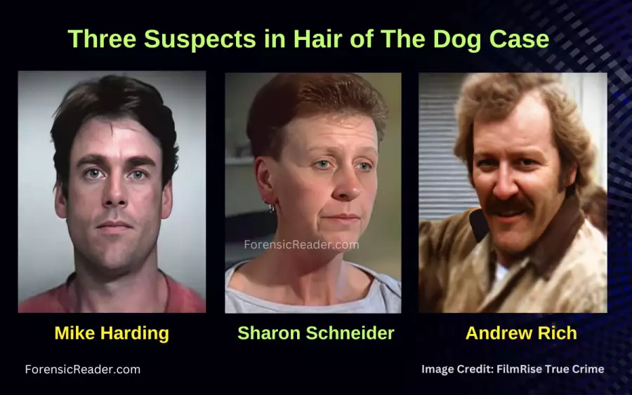 three primary suspects Mike Harding, Andrew Rich, and Sharon Schneider. 