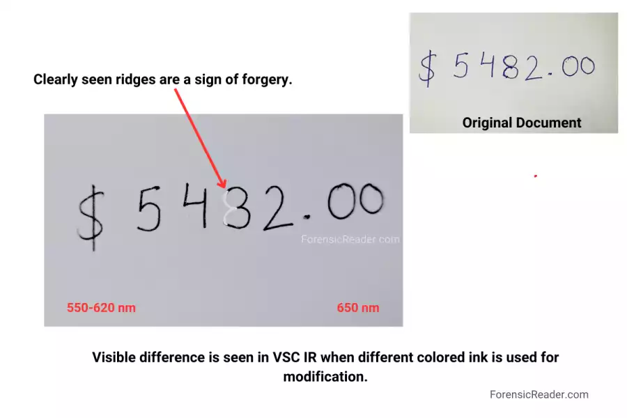 Example 2 original and modified number in the cheque under IR of Video Spectral Comparator (VSC)